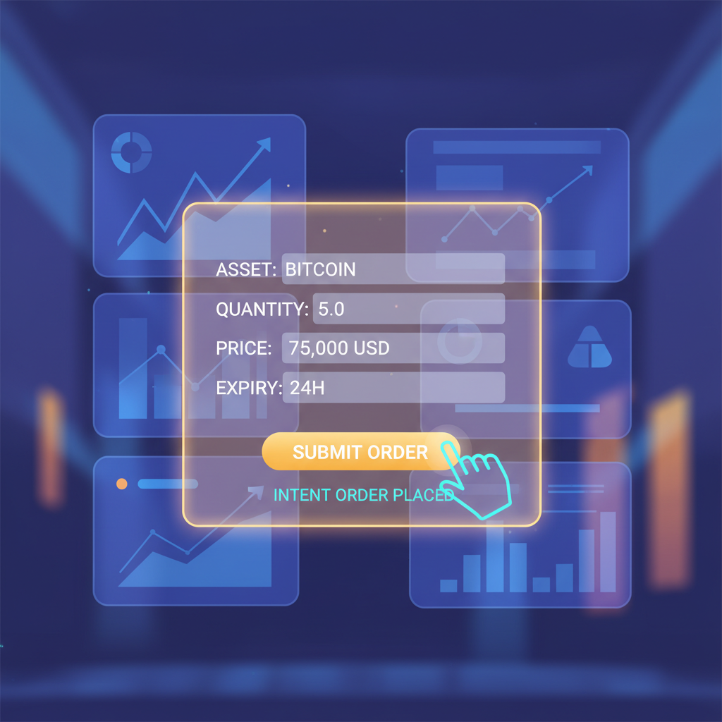 User submitting glowing intent order form on futuristic trading terminal