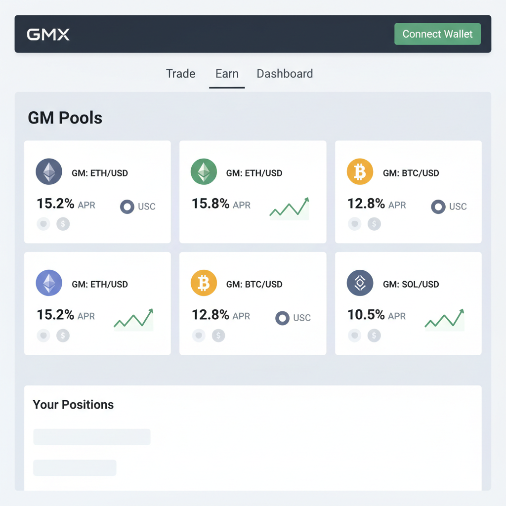 GMX interface showing GM pools list with APR metrics, charts and tokens
