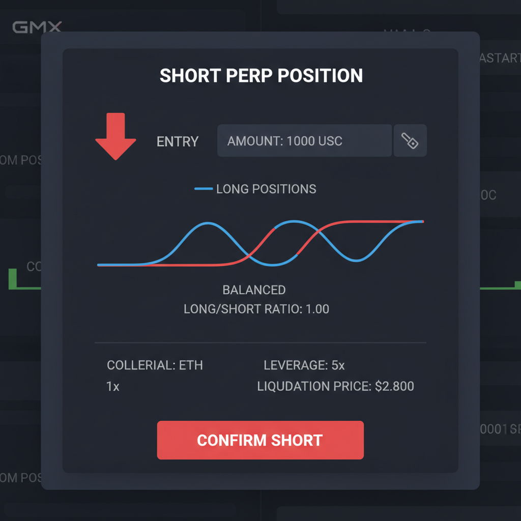 GMX V2 short perp position entry screen, red short arrow, balanced long-short charts overlay