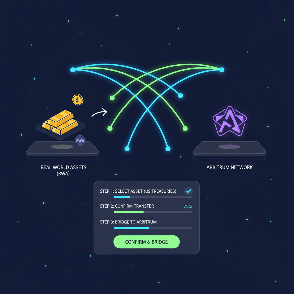 futuristic crypto bridge interface transferring RWA tokens like US Treasuries to Arbitrum network, sleek web3 UI, glowing bridges
