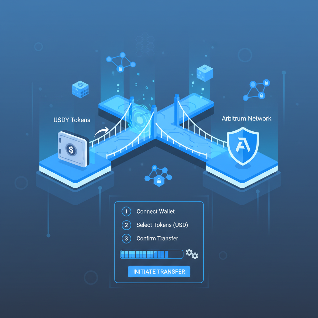 Futuristic crypto bridge transferring USDY tokens to Arbitrum network, glowing blue UI, DeFi elements