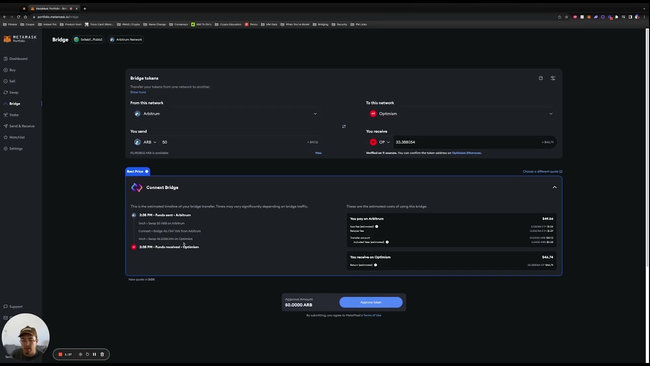 MetaMask wallet connected to Arbitrum interface