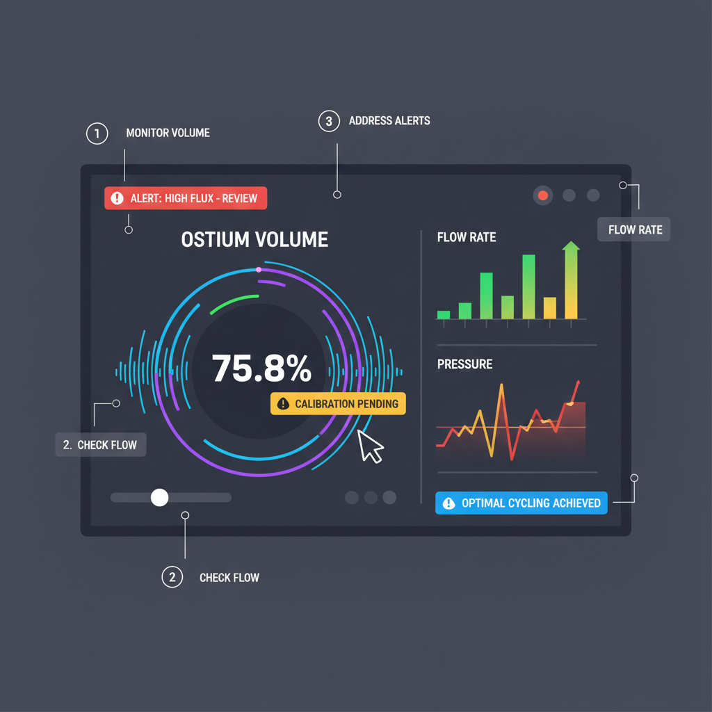 real-time Ostium volume monitoring screen, pulsing charts, alerts popping