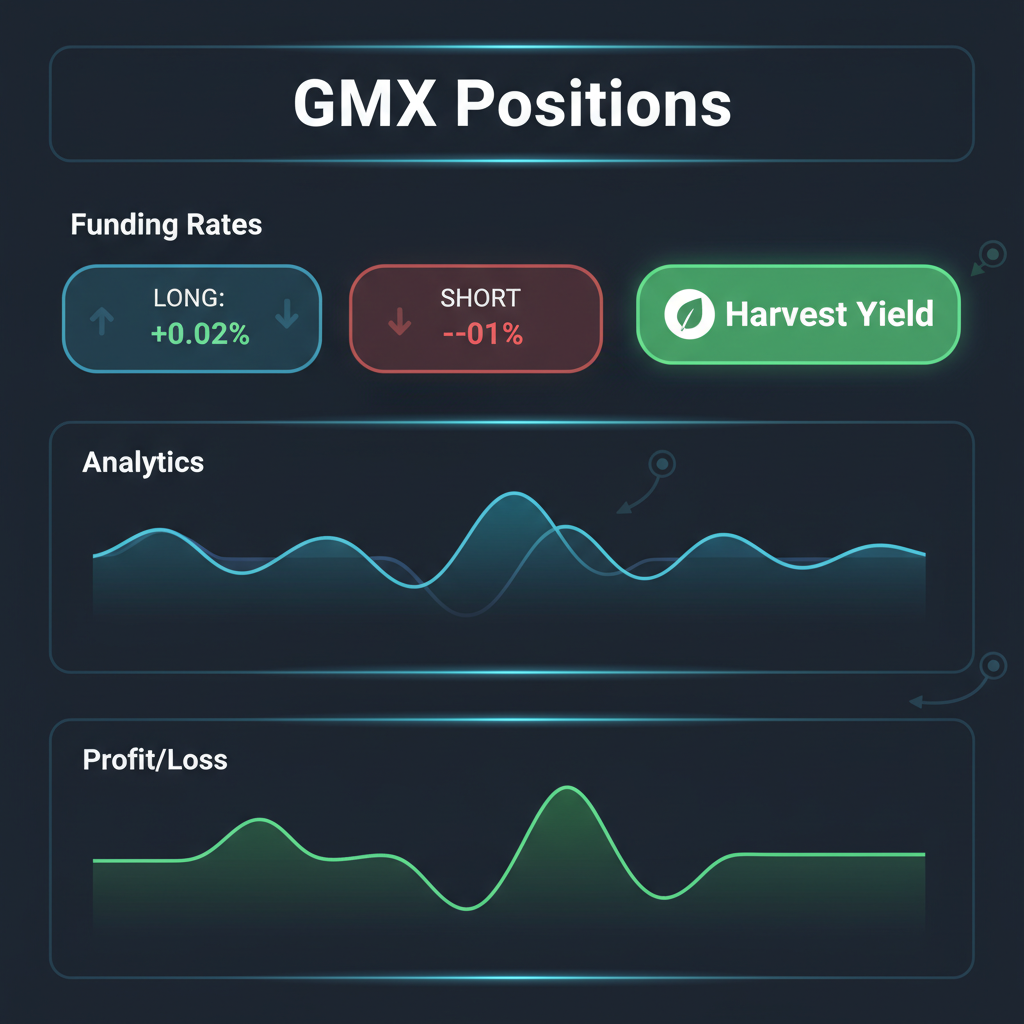 GMX positions dashboard showing funding rates, green yield harvest button, analytics charts glowing