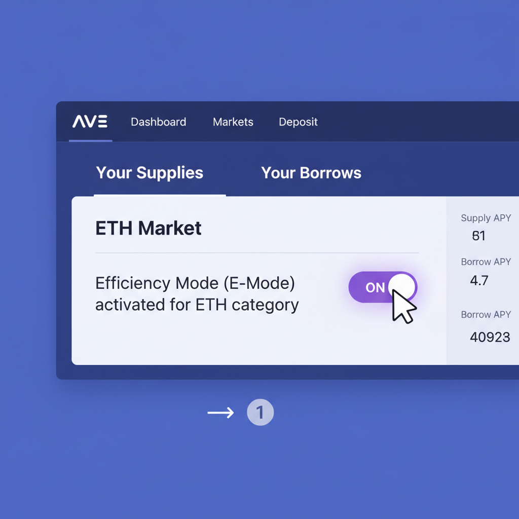 Aave dashboard highlighting E-Mode activation toggle for ETH category