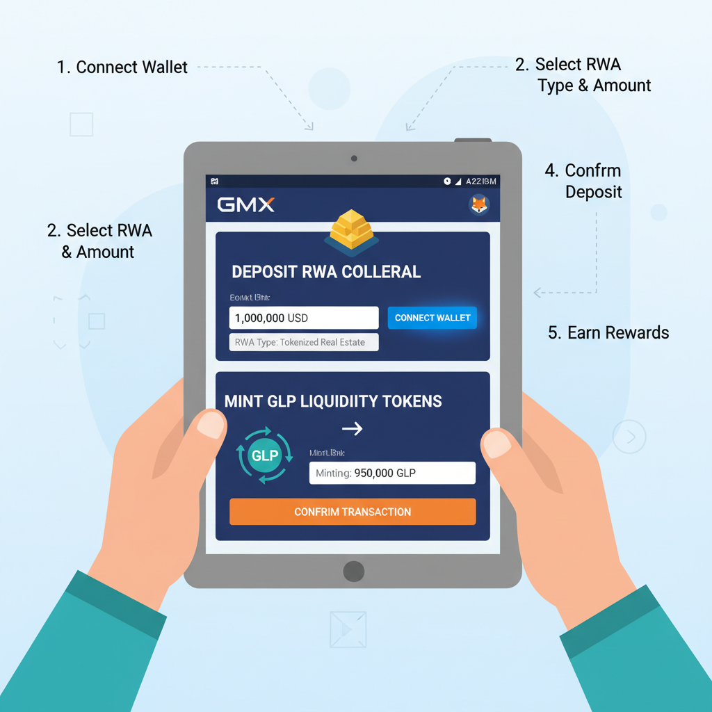 GMX Arbitrum dashboard depositing RWA collateral to mint GLP liquidity tokens, clean DeFi interface with wallet connection