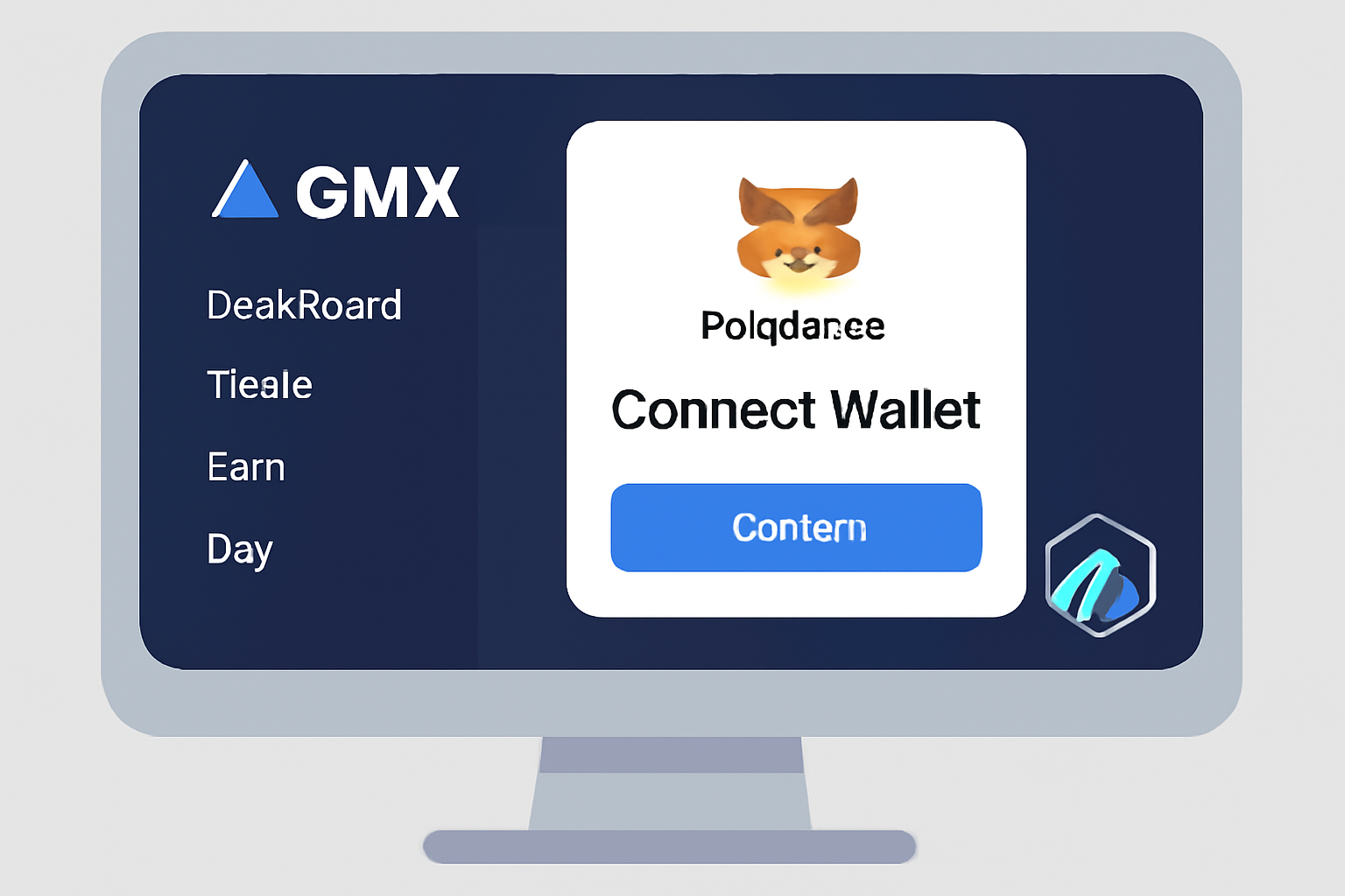 A computer screen showing the GMX app interface with a MetaMask wallet connection pop-up and the Arbitrum logo in the corner.