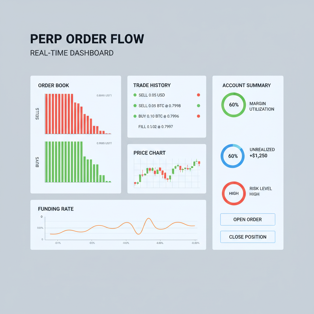 Real-time perp order fill dashboard with charts and funding rate graphs