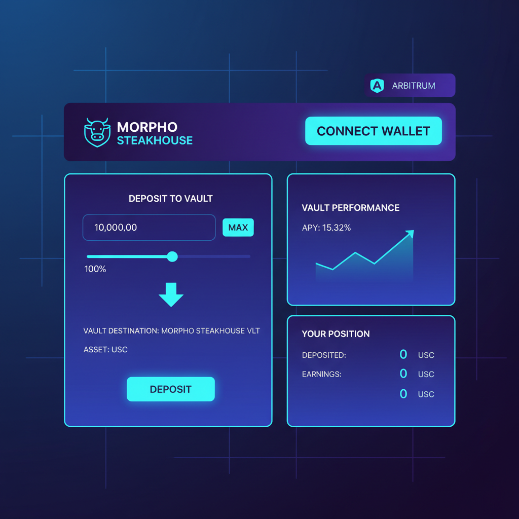 sleek DeFi interface depositing USDC to Morpho Steakhouse vault on Arbitrum, neon blue tones