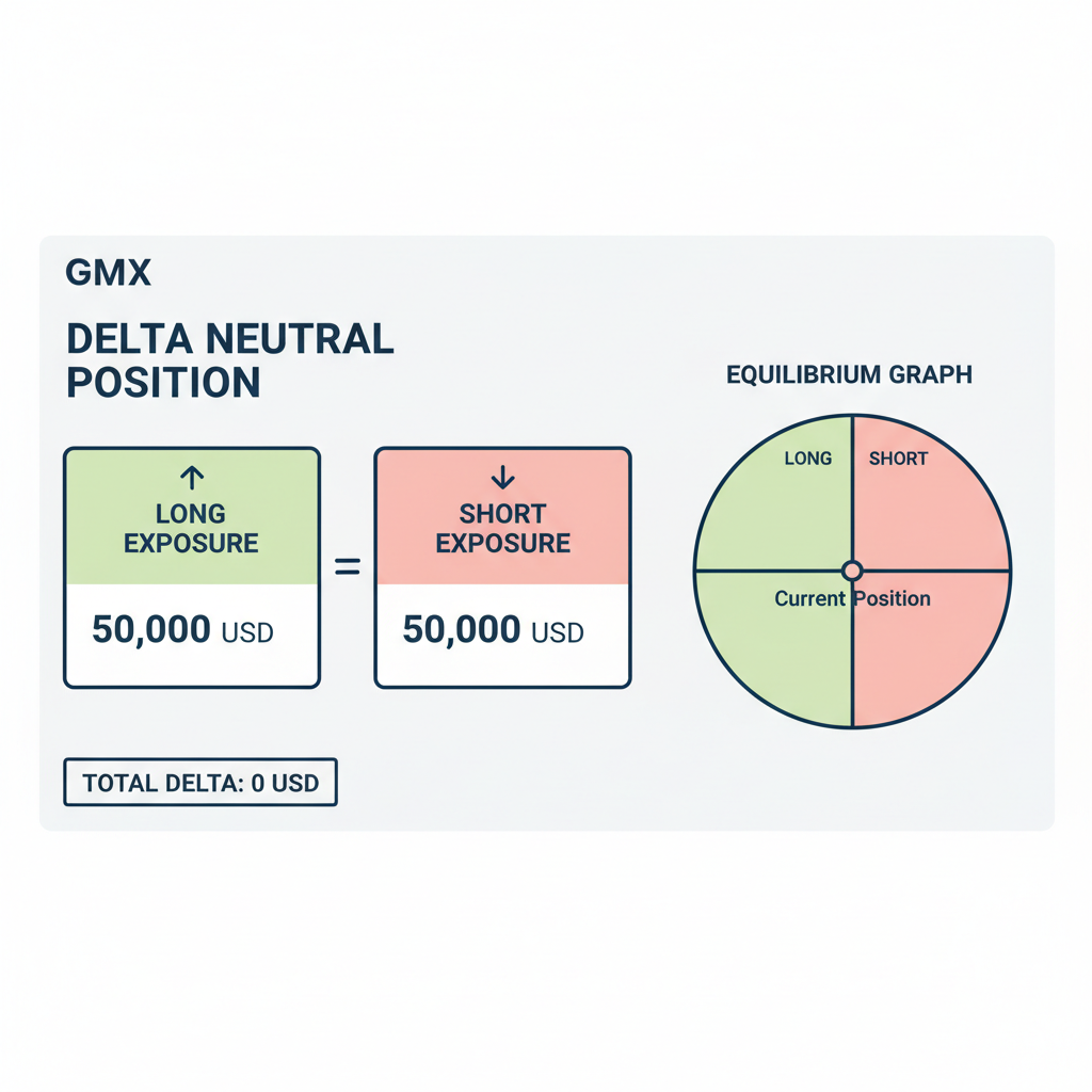 GMX positions tab showing delta-neutral ETH short perp with RWA collateral, charts