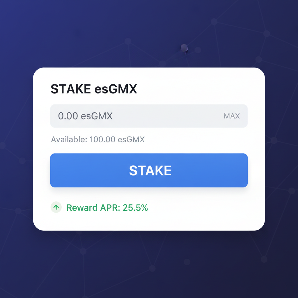 Close-up of GMX stake esGMX interface with input field and stake button, reward APR visible, sleek crypto app design