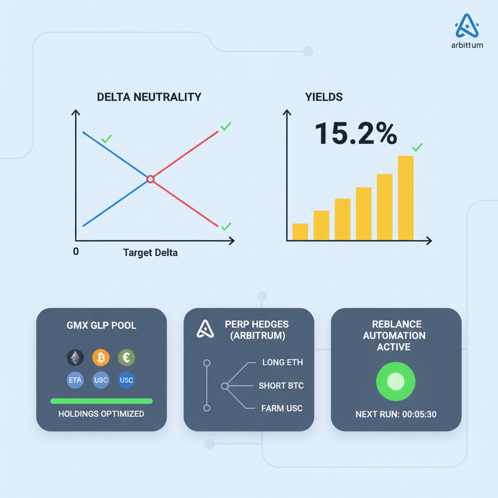 automation bot interface rebalancing GMX GLP and perp hedges on Arbitrum, graphs showing delta neutrality and yields