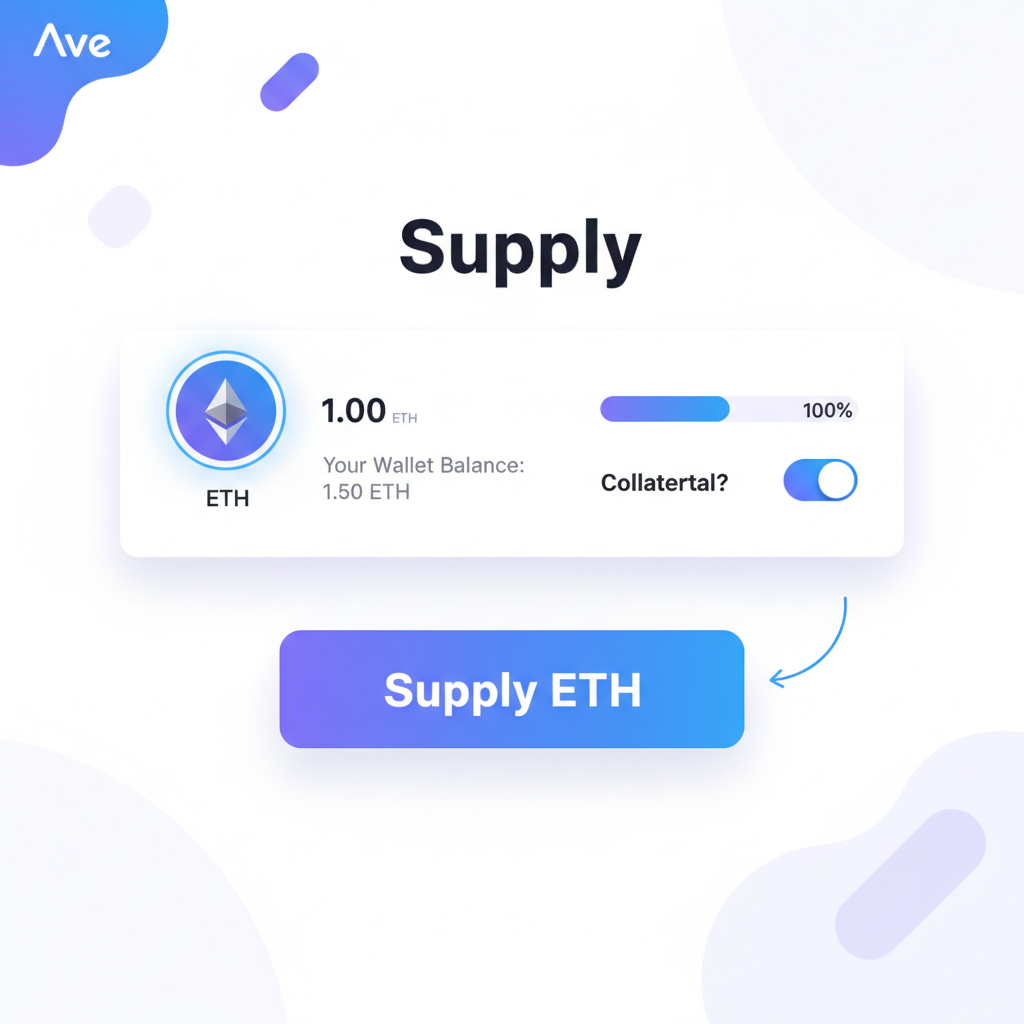 Aave supply interface with ETH selected and supply button active
