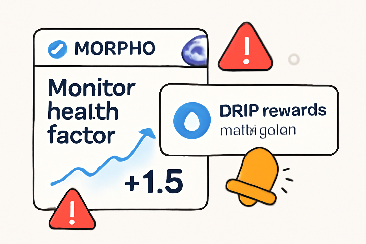 Monitoring health factor chart at 1.5+ on Morpho, DRIP rewards notification popping up, alert icons
