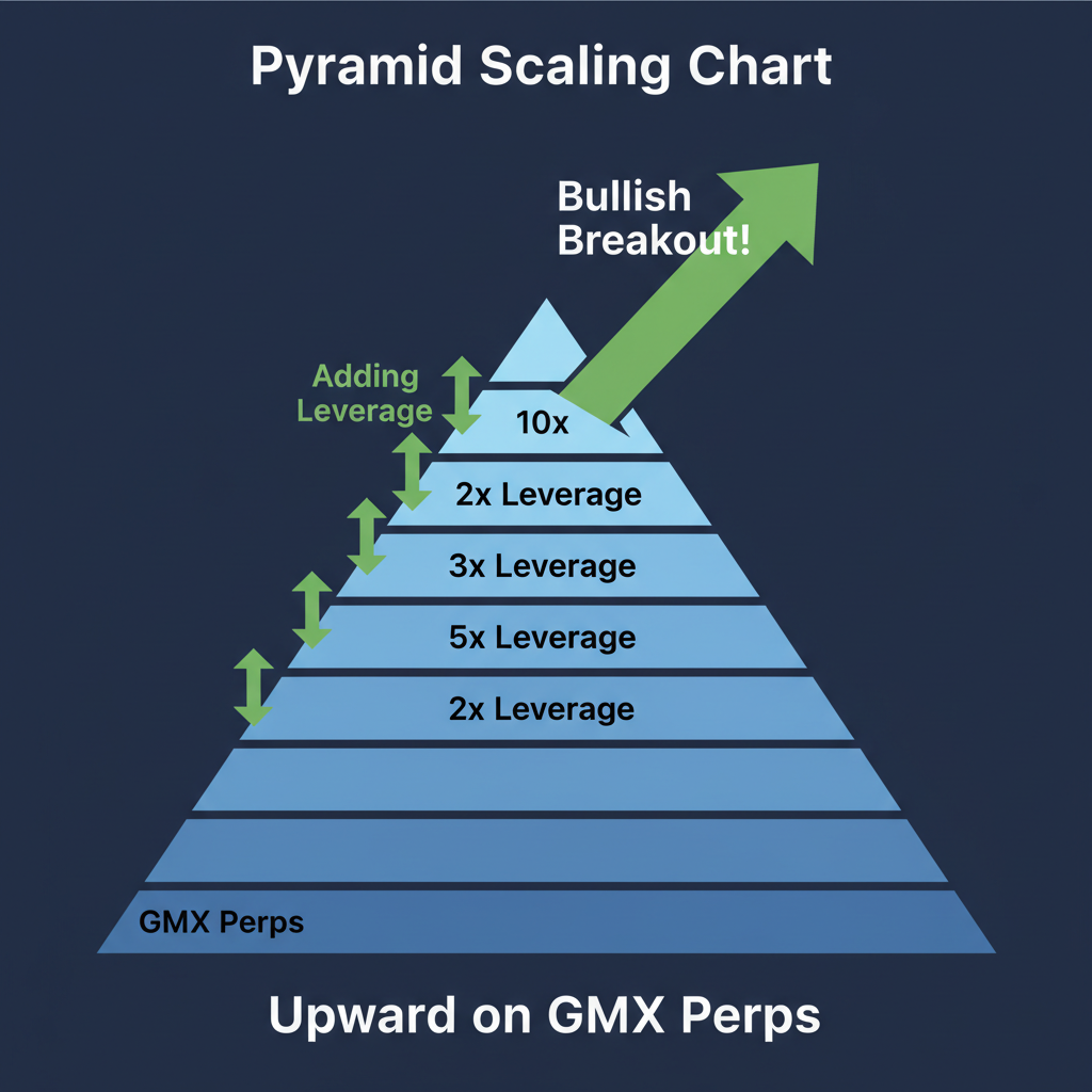 pyramid scaling chart upward on gmx perps, leverage layers stacking, bullish breakout