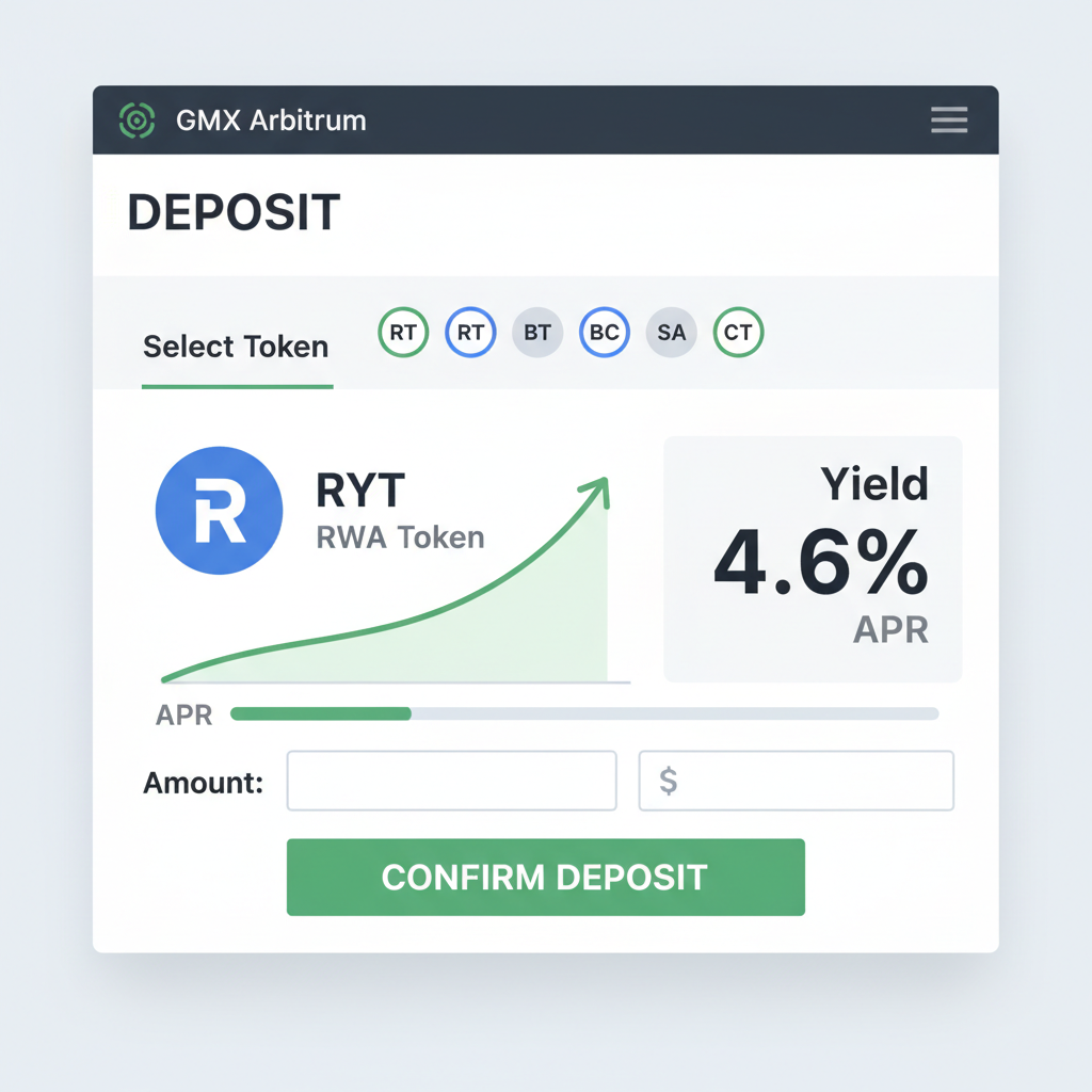 deposit screen GMX Arbitrum showing $RYT RWA token selection yield graph 4.6% APR