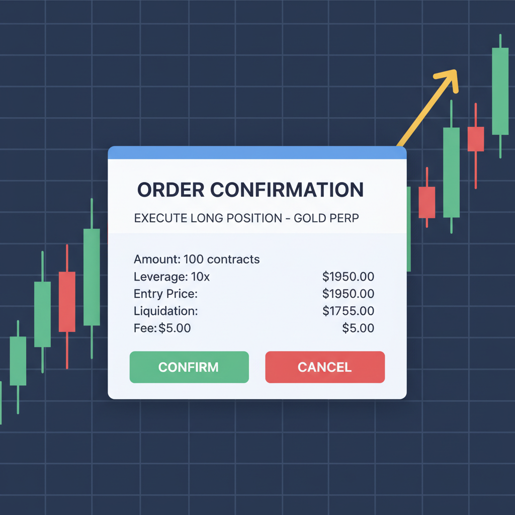 executing long position on gold perp, order confirmation popup, bullish candlestick chart background