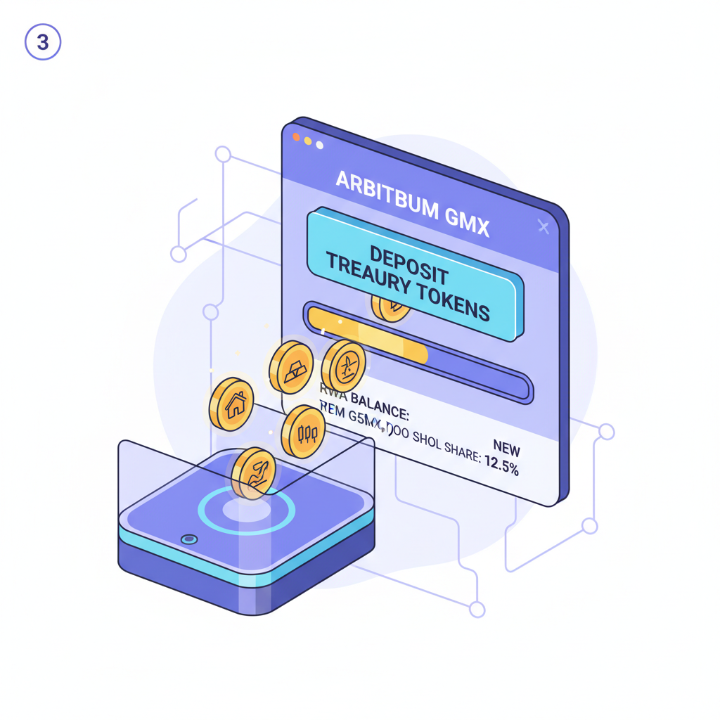 futuristic DeFi wallet depositing glowing RWA treasury tokens into Arbitrum GMX interface