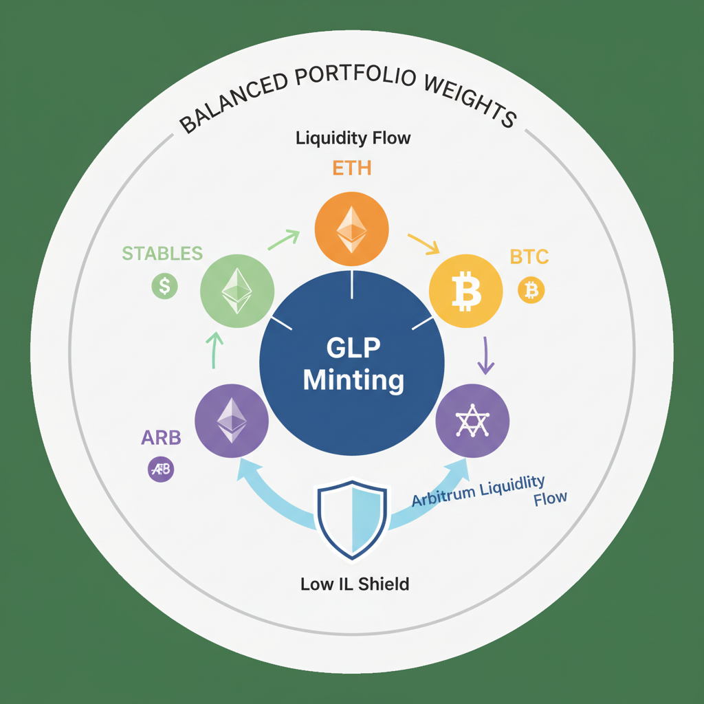 pie chart asset allocation GLP minting, stables ETH BTC ARB weights, optimized DeFi portfolio