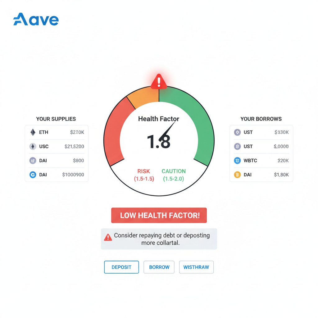 Aave dashboard with prominent Health Factor gauge at 1.8 and alerts