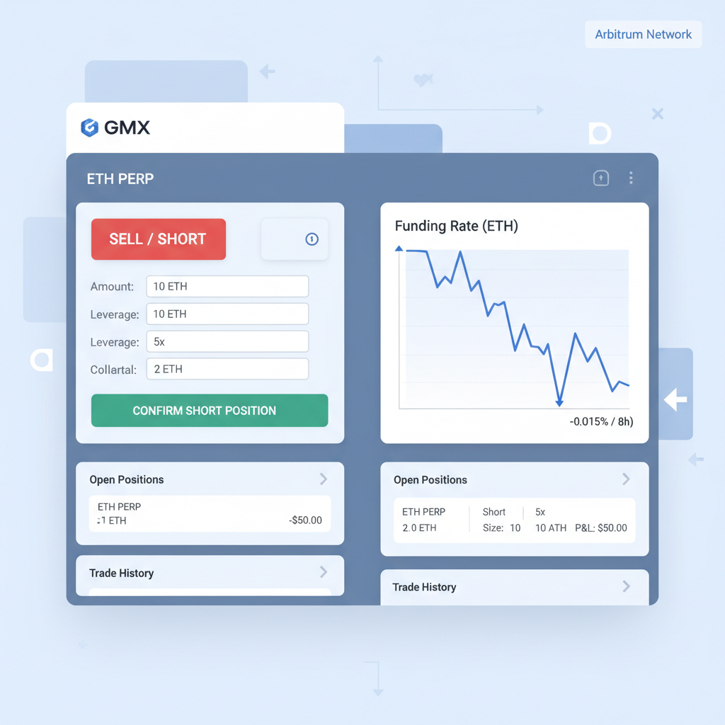 GMX trading panel opening short ETH perp position with funding rate chart, professional trader dashboard on Arbitrum