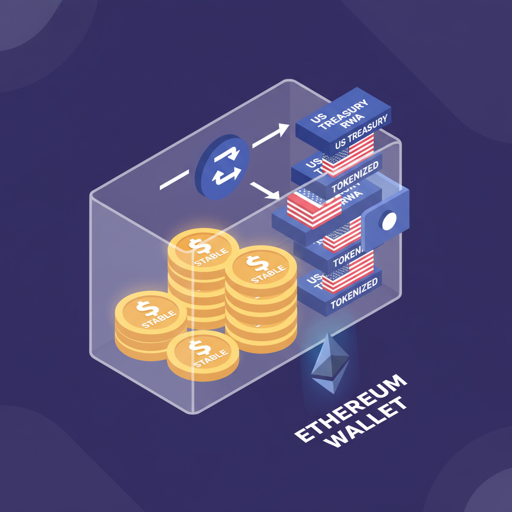 tokenized US Treasury RWA tokens stacking in Ethereum wallet, golden stablecoins glowing, isometric 3D art