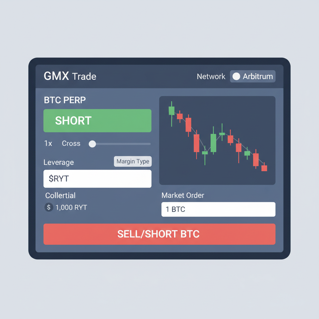 GMX trade interface Arbitrum short BTC perp 1x leverage cross-margin $RYT collateral chart