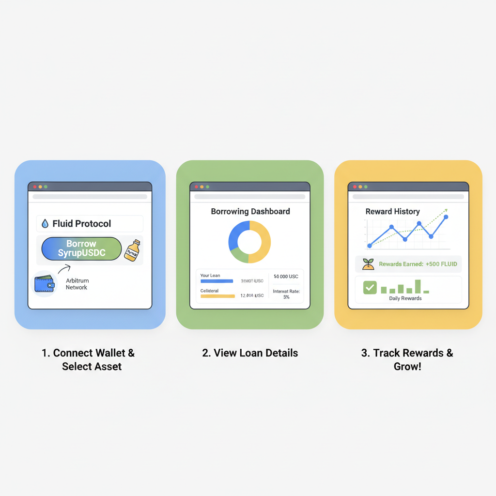 borrowing syrupUSDC from Fluid protocol dashboard on Arbitrum, charts showing rewards