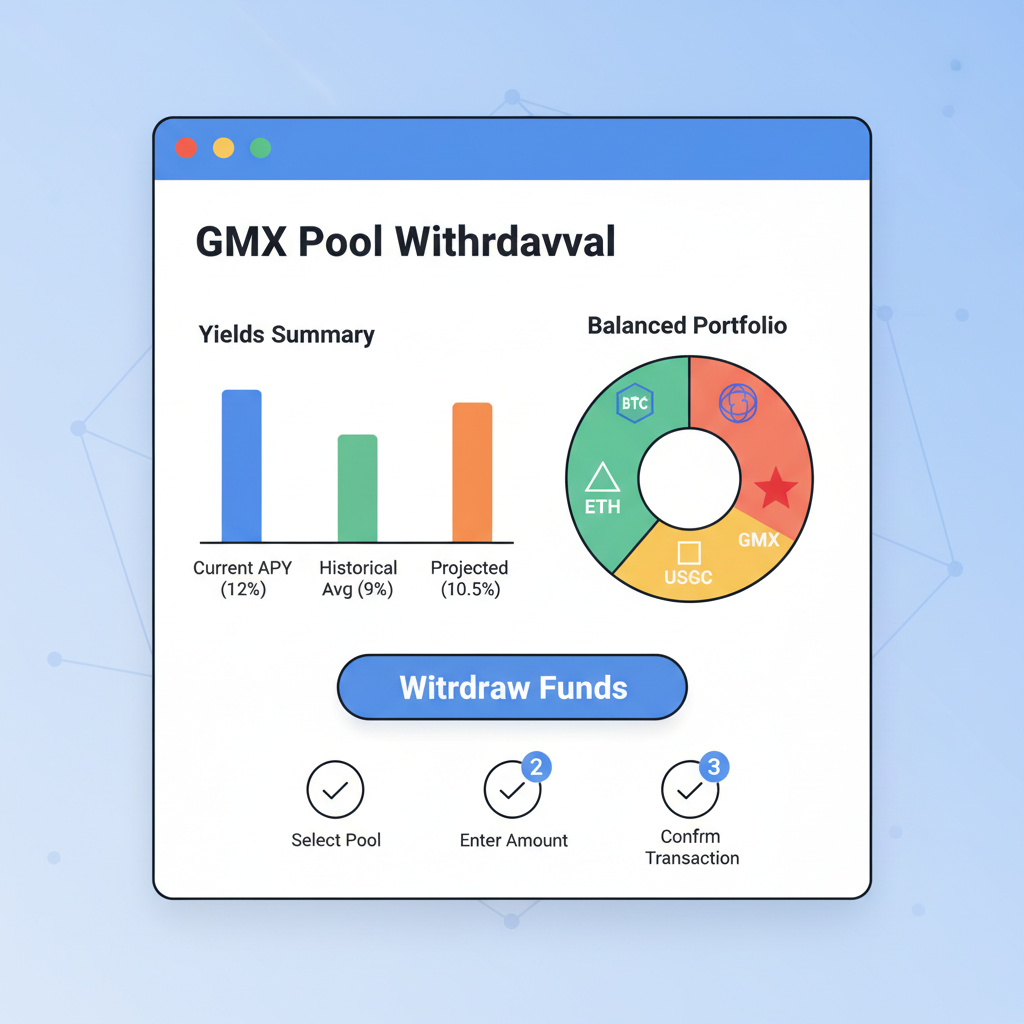 GMX pool withdrawal interface, yields summary chart, balanced portfolio icons