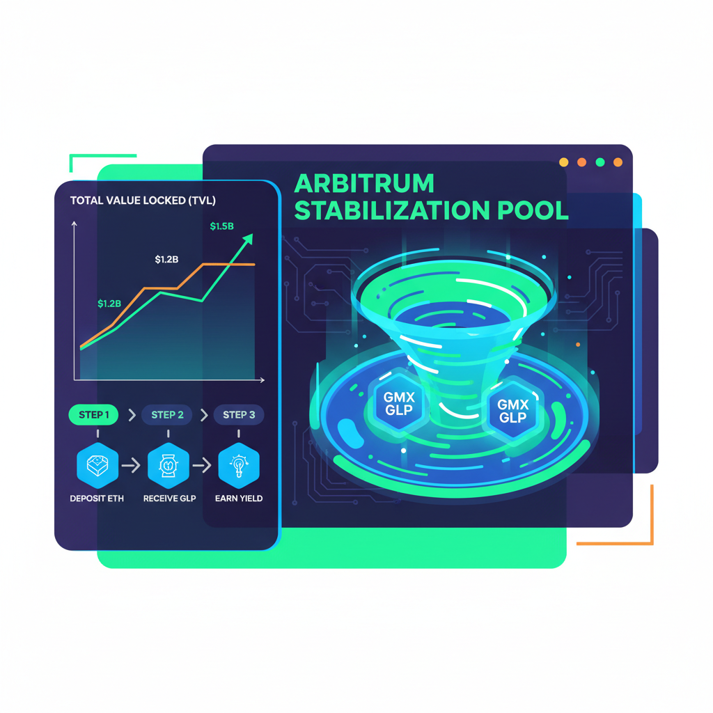 neon dashboard minting GLP tokens on Arbitrum GMX, rising TVL charts, futuristic UI