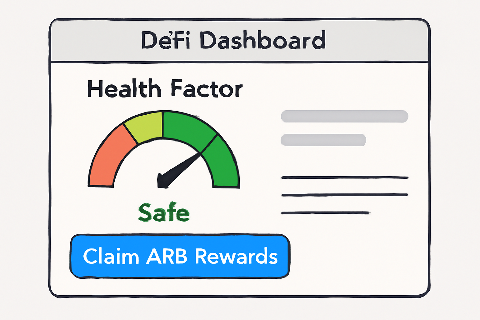 monitoring DeFi dashboard with health factor gauge and ARB rewards claim button, green safe zone