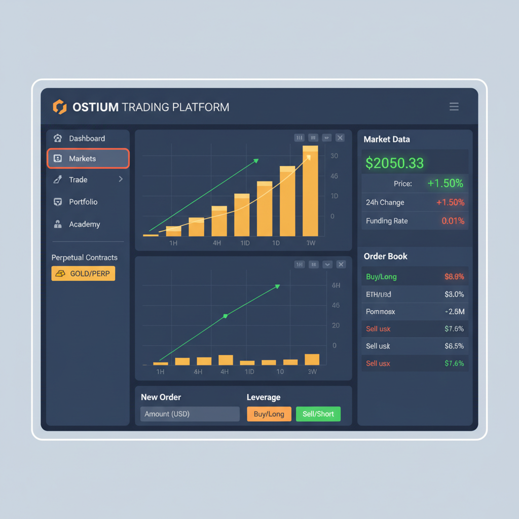 Ostium trading interface selecting gold perp contract, charts with gold bars, vibrant market data display