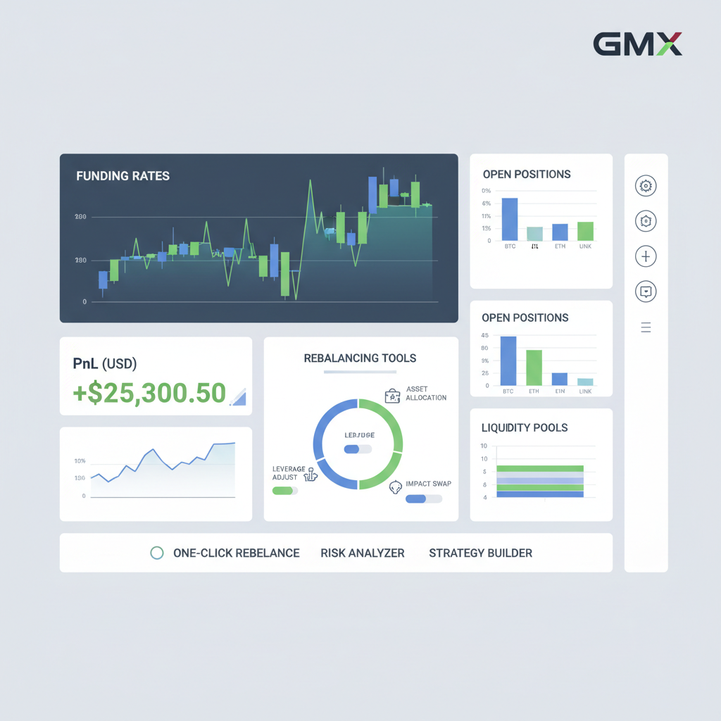 gmx monitoring dashboard with charts funding rates pnl rebalancing tools, professional trader view