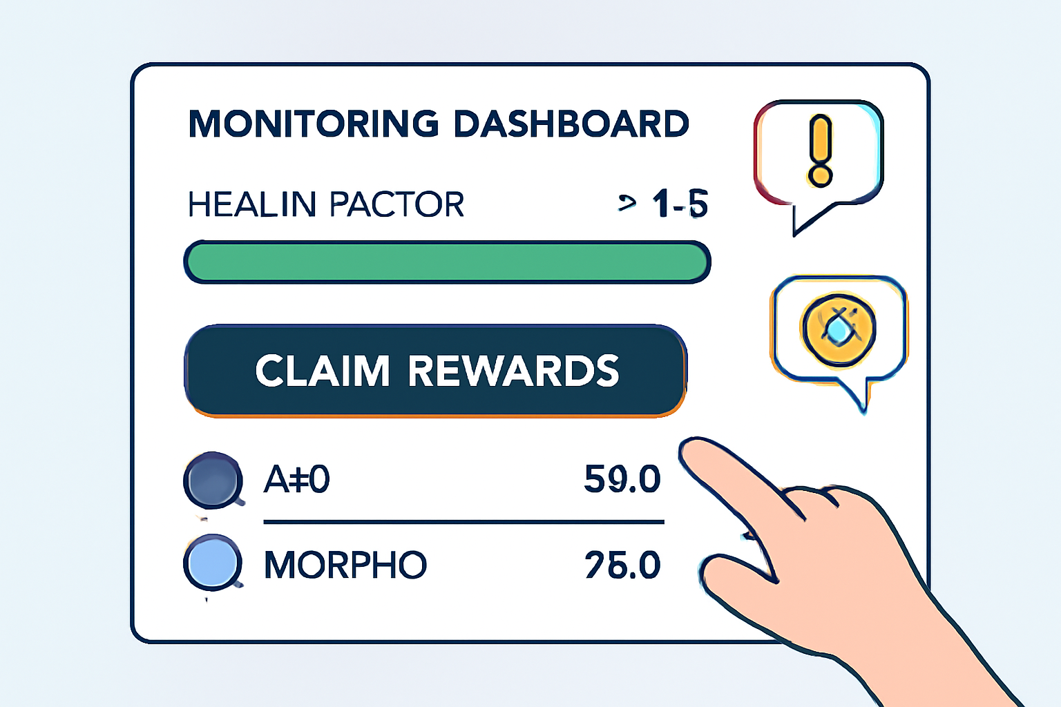 Monitoring dashboard with health factor >1.5, claiming ARB and MORPHO rewards, alerts and reward icons popping up